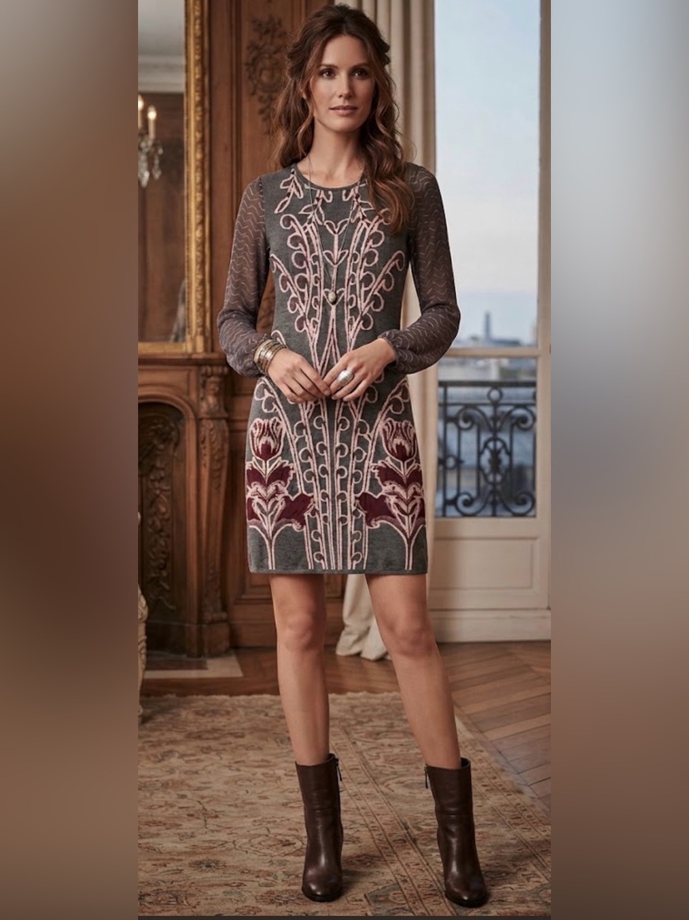 Gray Long-Sleeve Embroidered Floral Knit Dress — Pink & Burgundy Accents
